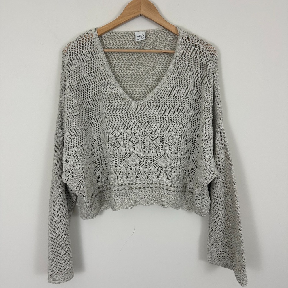 Urban Outfitters Pointelle Sweater Beige Cotton Crop Boho Beachy Womens Medium